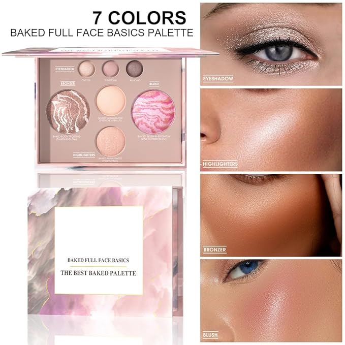 Baked full-face palette, 7-color repair tray, 7-in-1 with eye shadow, highlighter, blush and bronze color, 6.5x0.95 inch. (7-color capacity repairing disk)
