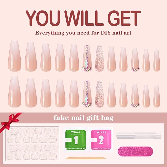 Yivaiks 24 pcs Pink Coffin Press on Nails Long Nails for Women, Glossy Crystal Rhinestone Fake Nails with Nail Glue on Nails,Full Coverage Acrylic Nails（helmsman）
