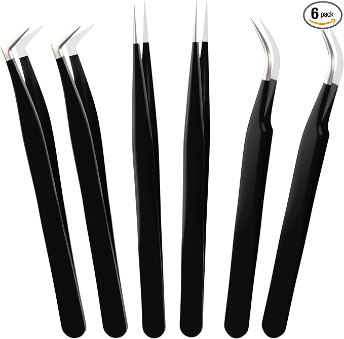 High Precision Lash Tweezers Set 6 Pack Stainless Steel Eyelash Extension Tweezers for Classic, Volume, Mega Volume Lashes, Facial Hair, Eyebrow, Hair Removal, Crafting Making(Black)