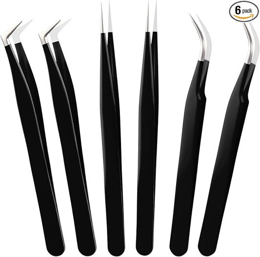 High Precision Lash Tweezers Set 6 Pack Stainless Steel Eyelash Extension Tweezers for Classic, Volume, Mega Volume Lashes, Facial Hair, Eyebrow, Hair Removal, Crafting Making(Black)