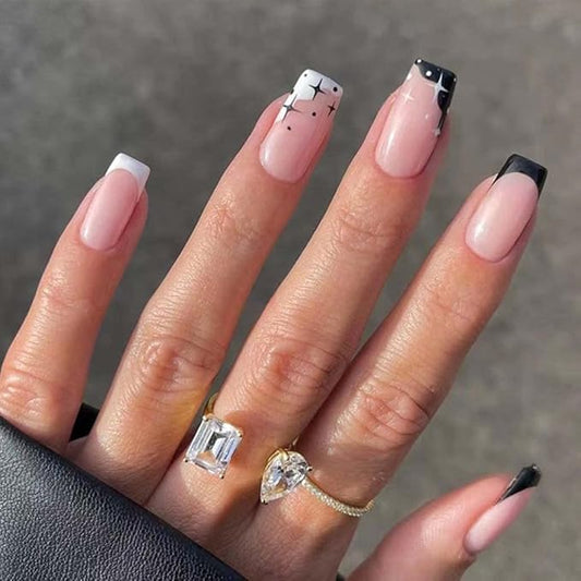French Tip Black Press on Nails Medium White Fake Nails Square Glossy False Nail Tips Artificial Finger Manicure for Women and Girls 24pcs