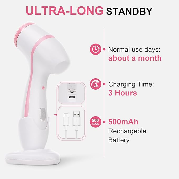 Facial Cleansing Brush, Waterproof Dual-Rotation Face Scrubber Exfoliator with 3 Brush Heads and 2 Adjustable Speeds, Rechargeable Exfoliating Face Brushes for Cleansing and Skin Care (Pink)