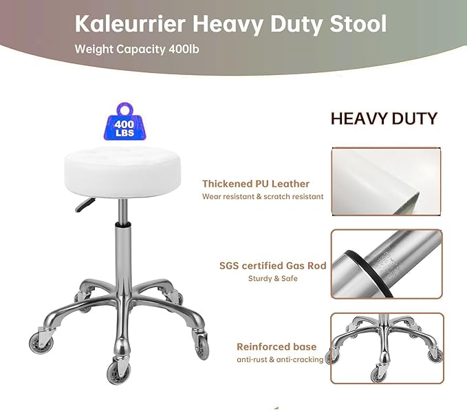 Kaleurrier Adjustable Rolling Stool for Salon: Heavy Duty Swivel Chair with Wheels for Hairdresser Esthetician Dentist - Spa Home Office Kitchen Dental Tattoo Shop Use - Seat Height 22”-30” - White