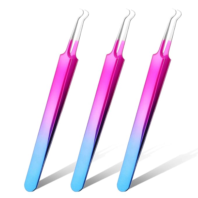 Honoson 3 Pcs Blackhead Tweezer Stainless Steel Pimple Tweezers Extractor Tool for Remove Zit Whitehead Pimple Bend Curved Tweezer Skin Blackhead Remover Tools(Rainbow Color)