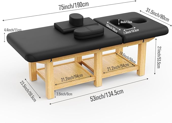 Wooden Professional Massage Table, Adjustable Backrest Heavy-Duty Stationary Massage Bed for Physical Therapy, Salon Facial Spa Bed, 4.4'' Thick PU Leather, 1000LBS, 31.5'' W × 75'' L