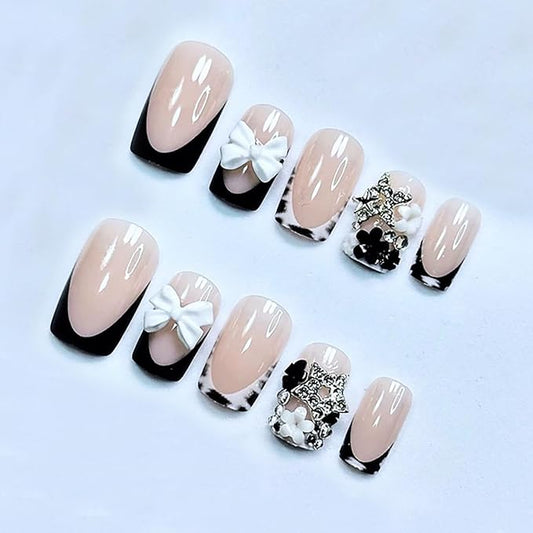 24pcs Black French Tip Press on Nails Short Square Bow Fake Nails with 3D Black White Flower Star Rhinestones Designs Glue on Nails Leopard French False Nail Tips Full Cover Stick on Nails for Women