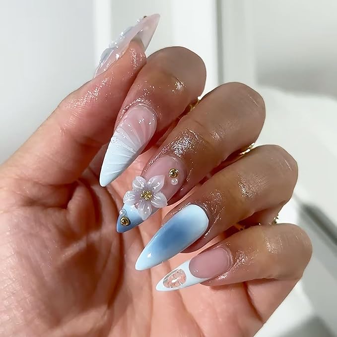 Blue Gradient French Tip Press on Nails Medium Almond Fake Nails with Pearl Gold Bead Designs Lily Flower Acrylic Nail 3D Water Ripple False Nail Summer Glue on Nails for Women Girls Manicure 24Pcs