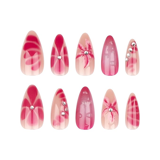 24Pcs Flower Press on Nails Medium Almond Fake Nails with 3D Spring Floral Rhinestones Design Pink Blooming Ombre Acrylic Nails False Nails Blush Gradient Full Cover Glue on Nails for Women