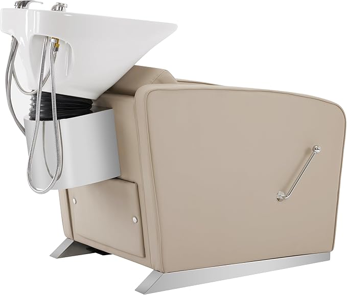 BarberPub Backwash Shampoo Station Chair, Adjustable Porcelain Ceramic Hair Wash Bowl Sink Unit Station, Reclining Shampoo Station Chair for Spa Beauty Salon Hair Salon Equipment 9303 (Beige)