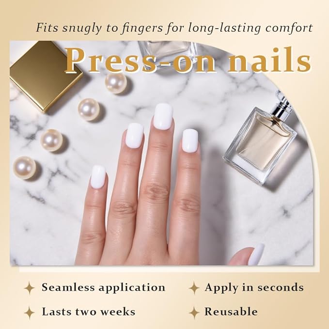 evpct White Glossy Press on Nails Short Square, Glossy White Fake Nails Summer Reusable, Acrylic False Nail Stick Glue on Press ons for Women Gifts, Perfectly Fit Durable False Nail Kit & Glue 30Pcs