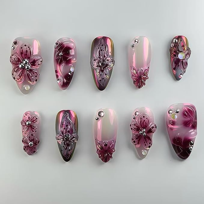 24Pcs Purple Press on Nails Medium Almond Fake Nails with Rhinestones Stick on Nails 3D Flower Acrylic Nails French Tip False Nails Full Cover Summer Floral Glue on Nails for Women Nail Art Designs