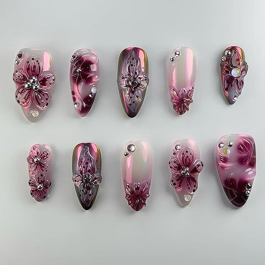 24Pcs Purple Press on Nails Medium Almond Fake Nails with Rhinestones Stick on Nails 3D Flower Acrylic Nails French Tip False Nails Full Cover Summer Floral Glue on Nails for Women Nail Art Designs