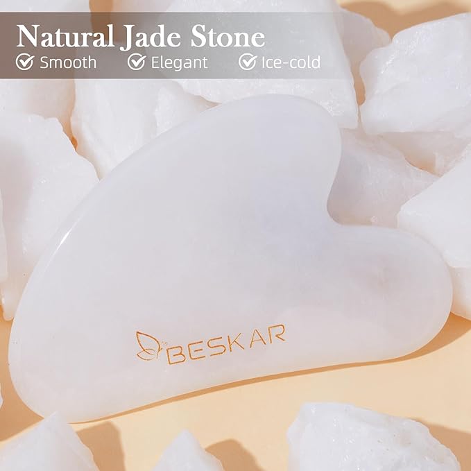 BESKAR Gua Sha Facial Tools, Natural Jade Stone Guasha Massager for Jawline Sculpting, Tighten Face Skin and Reduce Wrinkles, Face Eyes Body Neck Massage Tool, Skin Care Gift