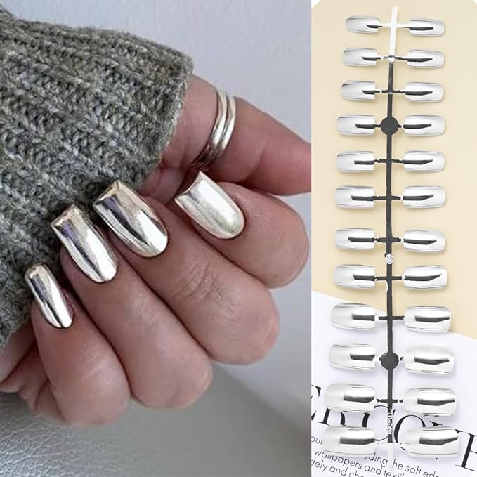6 Packs (144 Pcs) Chrome Press on Nails Medium Square Fake Nails Metallic False Nails with Designs Glossy Glue on Nails Full Cover Acrylic Stick on Nail Reusable Artificial Nail for Women Manicure