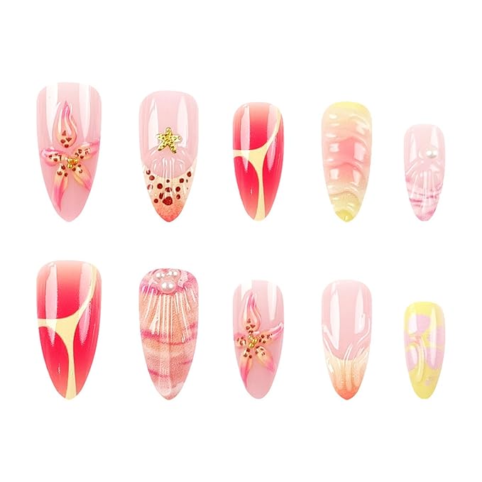 24Pcs Flower Press on Nails Medium Almond Summer Fake Nails with French Tip Nails Design Gold Starfish Pearl Nails Spring False Nails Full Cover Artificial Glue on Nails Cute Stick on Nails for Women