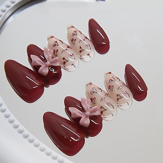 Almond Press on Nails Medium Fake Nails French Tips Nails Red Nails Glossy Full Cover Nails for Women 30 PCS/Set