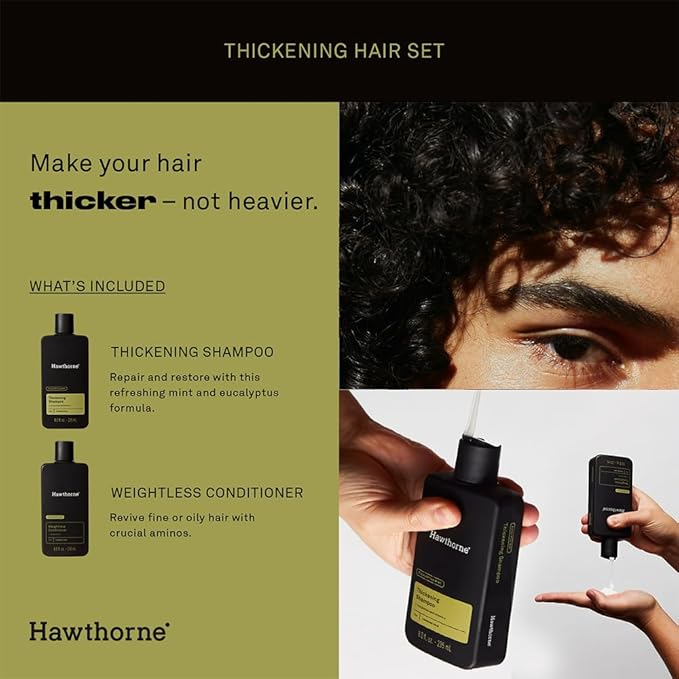 Hawthorne Thickening Shampoo and Conditioner Set. Men’s All Natural Shampoo and Conditioner Set with Thickening Shampoo and Weightless Conditioner. Sulfate Free, Paraben Free. 8 Fl Oz Each.