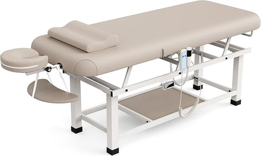 pouseayar Heating Function Heavy Duty Electric Stationary Massage Table with Backrest Adjustable and Storage Space for Treatment/Medical Spa/Facial/Beauty/Massage Bed - 30 x 75 - Beige Gray