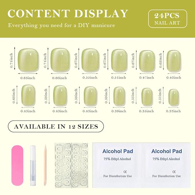 evpct Light Green Cat Eye Extra Short Press on Nails Square, Petite Short Square Glue on Nails for Women Gift, Avocado Metallic Glitter Glossy Reusable Gel Press on Acrylic Fake Nail with Designs