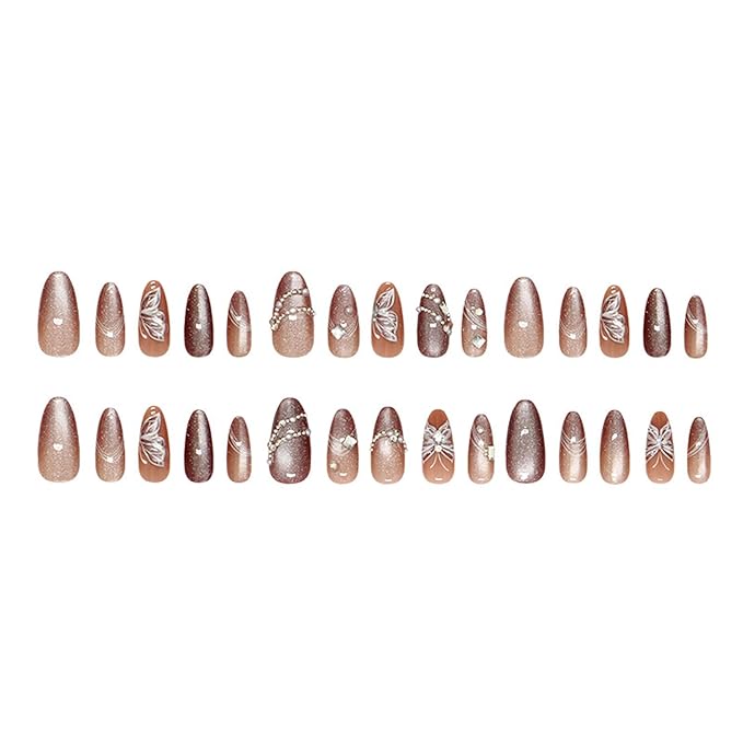 30pcs Medium Almond Handmade Press on Nails Fake Nails with 3D Butterfly Line Rhinestone Design Gothic Punk False Nail Y2k Press On Sparkling Diamond Pearl Full Cover Stick on Nails for Women