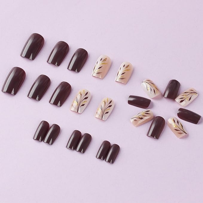 Fall Leaves Stick on Fingernails 24Pcs Glossy Gold Glitter Acrylic Fake Nail Maple Leaf Press on Nails Thanksgiving Medium Square False Nails Autumn Gel Glue on Nail for Coquette Women Girls