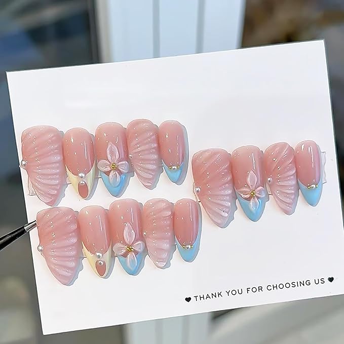 24Pcs Blue French Press on Nails Medium Almond French Tip Fake Nails with 3D Shell Pattern Fall Flower False Nails Gold Beads Pearl Glue on Nails Nude Acrylic Nail Tips for Women Nail Decoration