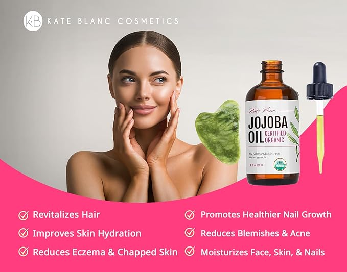 Kate Blanc Cosmetics Jojoba Oil for Hair, Skin & Face with Gua Sha Stone Kit. Gua Sha Oil for Face Massage (4oz, Organic, 100% Pure, Natural)