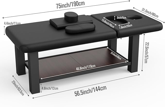 Metal Frame Heavy Duty Stationary Massage Table with Open-Chest & Headrest for Treatment Table, Physical Therapy Table, Spa Facial Professional Massage Bed, Black Leather 31.5'' W x 75.5'' L, 700LBS