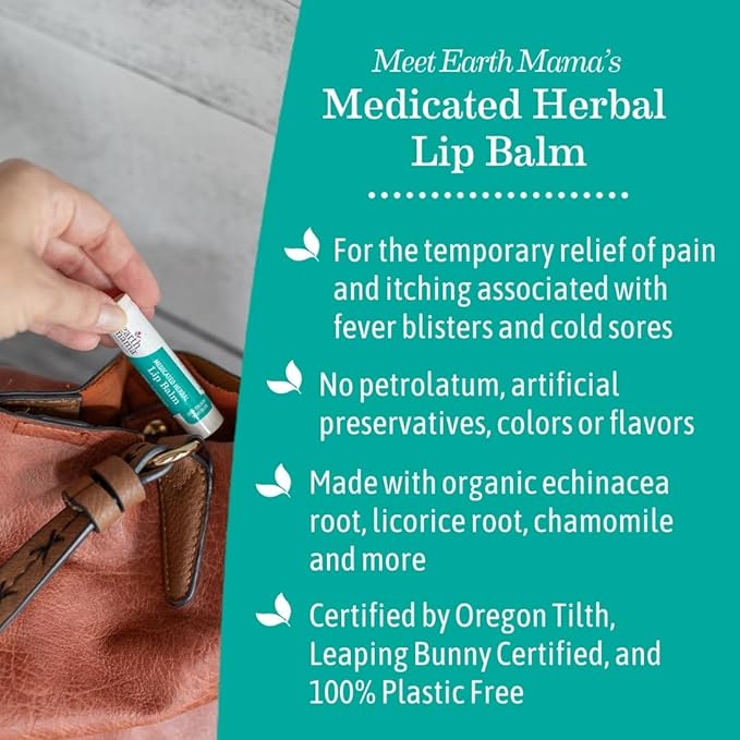 Earth Mama Medicated Lip Balm Set | Medicated Herbal Mint 4-Pack | Organic Lip Balm with Menthol for Fever Blister & Cold Sore