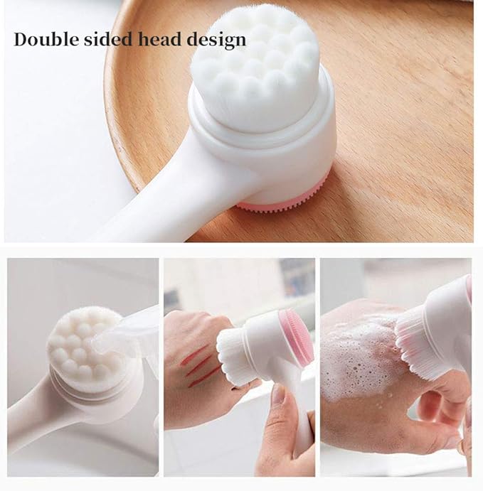 3D Stand Vertical Silicone Facial Wash Brush, Double Sides Face Brush, 2 in 1 Facial Cleansing Brush Manual Dual-action Face Brush for Acne, Clogged Enlarged Pores Sensitive Delicate, Dry Skins (Pink)