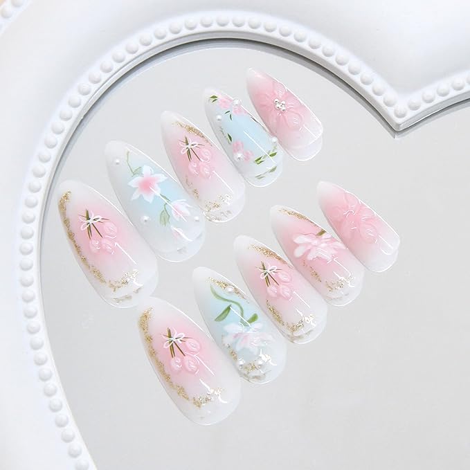 24Pcs Blush Pink Press on Nails Light Flower Glitter Medium Almond Fake Nails Handmade Almond Light Blue False Nails Flower Designs Stick on Nails Summer Woman Manicure