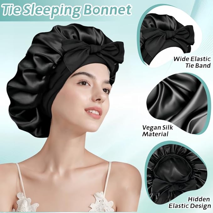 Silk Bonnet for Sleeping Women，Hair Bonnet for Sleeping Silk Night Cap for Curly/Natural Hair Skin Gleaming Black, Large