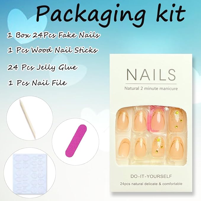 Glitter Gold French Tip Press on Nails Almond Short Fake Nails with Rhinestones Design Glossy Full Cover Glue on Nails Sparkly Acrylic Nails Artificial Almond Nail Tips Stick on Nails for Women 24Pcs
