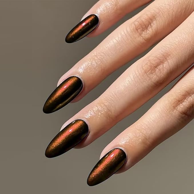 IMRAIN Cat's Eye Press on Nails Medium Almond Brown Fake Nails Brown Orange False Nails Full Cover Glossy Glue on Nails Stick on Acrylic Nails for Women Girls 24Pcs