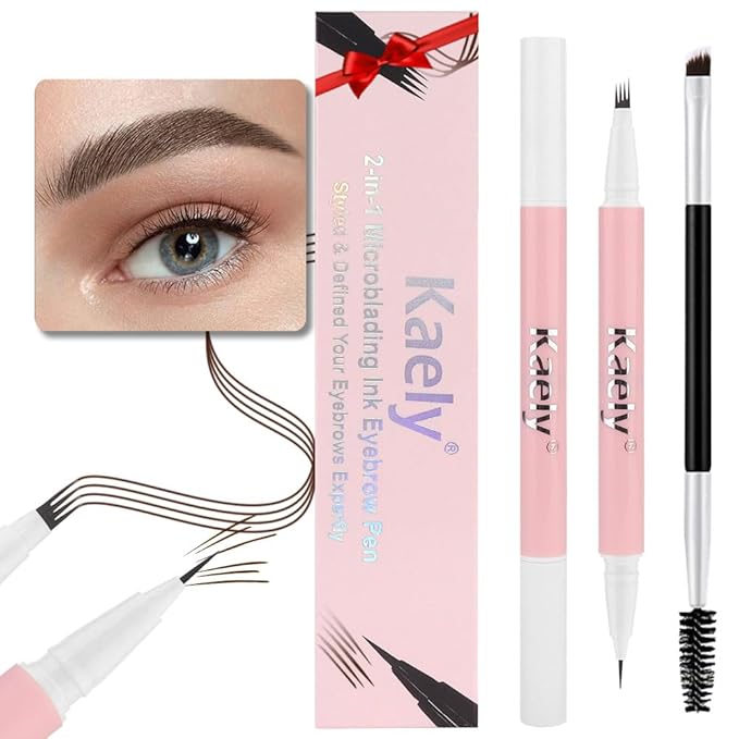 evpct 1Pcs Dark Brown Magic Microblading Dual-Ended Eyebrow Contouring Pen Brow Pencil, with 4 Brush Micro-Fork-Tips Applicator and Precise Brush-Tip, Hair Like Strokes, with Dual-ended Eyebrow Brush