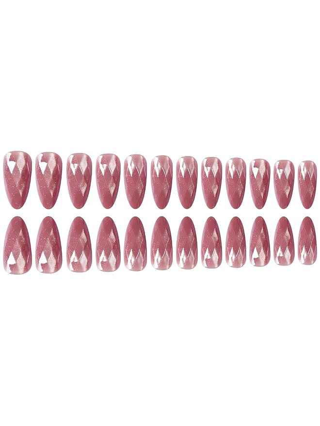 Medium Press on Nails Almond Diamond Fake Nails Elegant False Nail Pink Stick on Nails for Women 24pcs
