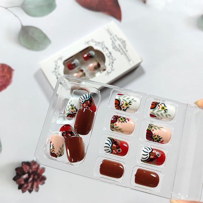 Thanksgiving Press on Nails Short Square Fake Nails Brown False Nail with Pumpkin Floral Designs Fall Glue on Nail Cute Acrylic Nails Reusable Glossy Stick on Fingernails for Women 24Pcs