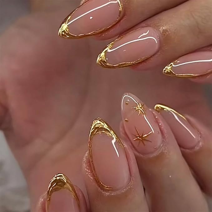 Gold French Tip Press on Nails Almond Medium Length Fake Nails with Star Designs Glossy Nude False Nails Full Cover Glue on Nails Gold Acrylic Nails Press on French Nails for Women Manicure 24Pcs