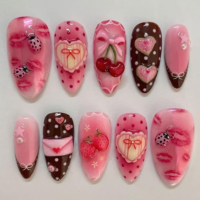 Press on Nails Almond Medium Cute Bow Cherry and Envelope Red Lips Pattern Design French Tip Acrylic False Nail Pink Artificial Fingernails Full Cover Glossy Artificial Stick on Nails for Women