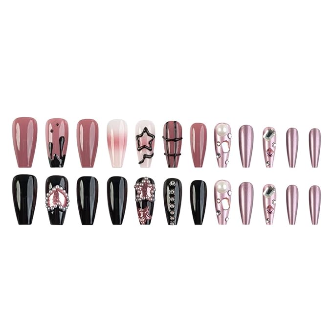 Medium Press on Nails Square Fake Nails Black False Nails with Heart and Star Designs Artificial Nails Stick on Nails for Women 24pcs