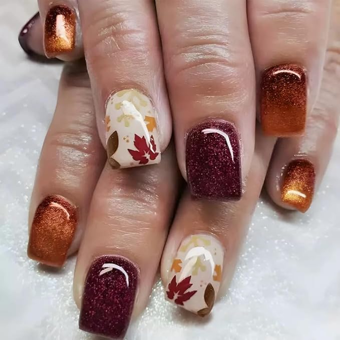 6 Packs (144 Pcs) Fall Press on Nails Medium Square, Almond Press on Nails, with Maple Leaf Design Thanksgiving Day Fake Nails for Women - 12 Sizes, 6Styles