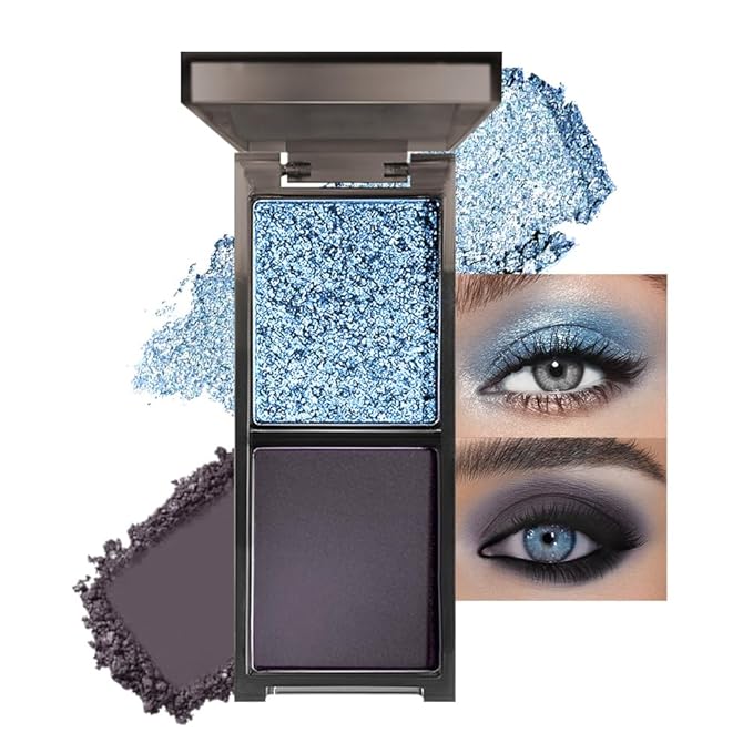 Blue Black Two Color Matte Shimmer Glitter Eyeshadow,Bright High Pigment Eye Shadow Powder,Professional Long-Lasting Waterproof Makeup Palette,Blendable,Easy-To-Apply and Compact for Travel