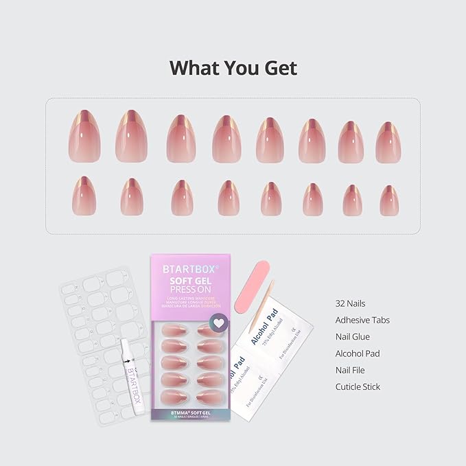 BTArtbox Press On Nails Short - Chrome French Tip Almond Press On Nails with Glue for Women, Opaque Soft Gel Glue On Nails in 16 Sizes - 32 Stick On Nails Kit, Coastal Glow