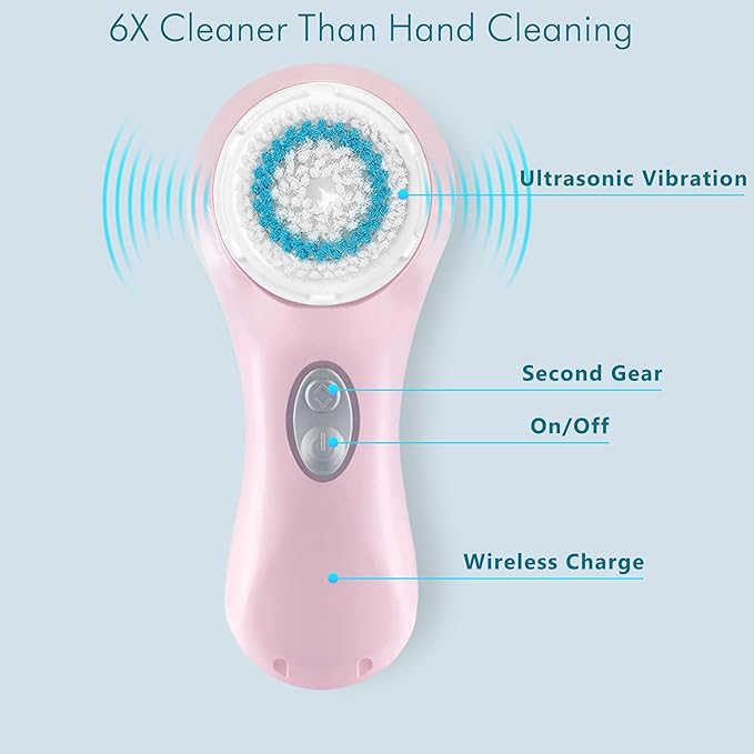 Microtree Electric Facial Cleansing Brush, Sonic Vibrating Rechargeable Face Scrubber Exfoliator, 2 Speeds for Gentle Clean, Face Wash Brush - No Rotation, Safe for All Skin Types