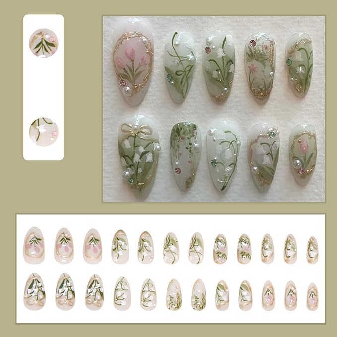 24Pcs Flower Press on Nails Medium Almond Fake Nails Tulip Orchid Design Artificial Acrylic Nails with 3D Rhinestones Pearl False Nails White Floral Glue on Nails Spring Stick on Nails Kit for Women