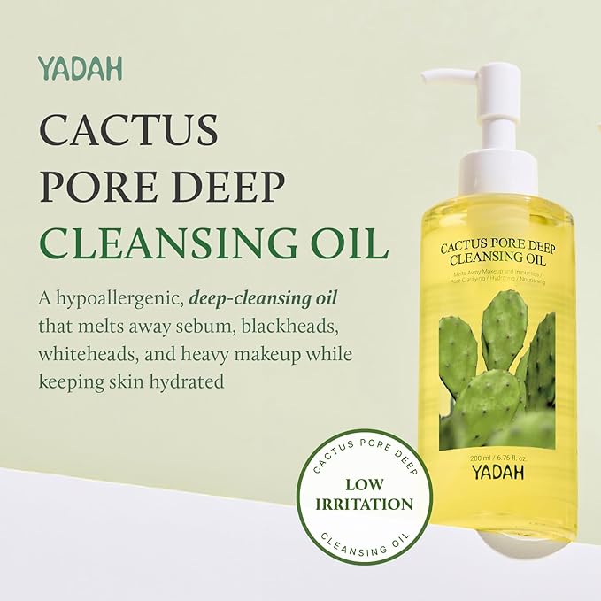YADAH Cactus Pore Deep Cleansing Oil (6.76 Fl Oz) – Lightweight Daily Facial Cleanser & Daily Makeup Remover with Cactus Seed Oil for Pore Purifying & Balanced Skin, Double Cleansing Korean Skincare