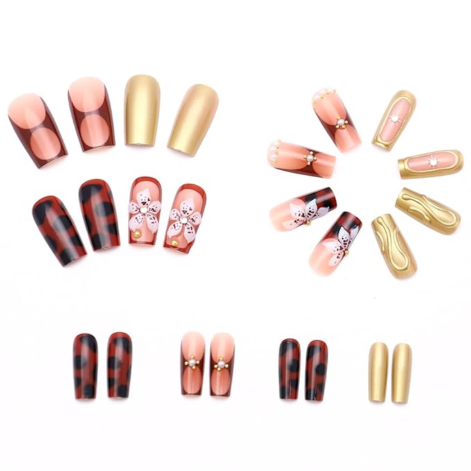 Long Press on Nails Square Fake Nails French Tip False Nails with Flowers Designs Artificial Nails Brown Stick on Nails for Women 24pcs