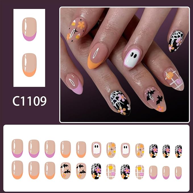 24Pcs Goth Halloween Press on Nails Short Almond Fake Nails with Spider Web Pumpkin Design Cute Ghost False Nails Gothic Bat Stick on Nail Pink Gloss Acrylic Nail for Women Manicure Supplies