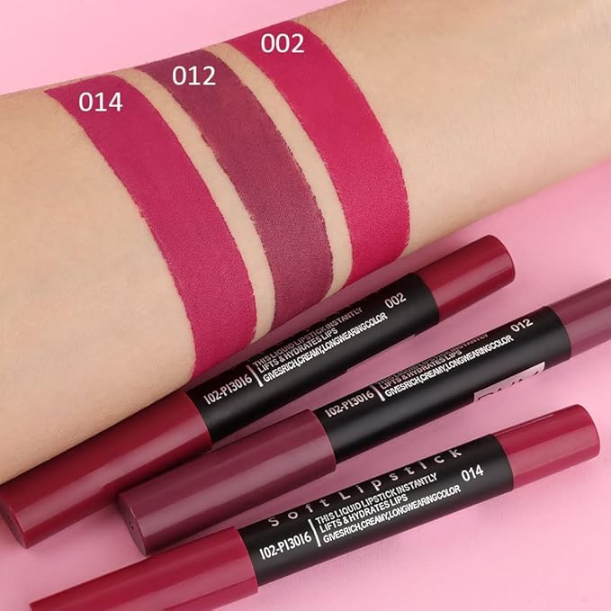evpct 3Pcs Plum Purple Wine Red Matte Lip Sticks Crayon Lip Liner Lipstick Pencil Set for Women Long Lasting 24 Hour Waterproof Lip Liner and Lipstick Set labiales mate 24 horas originales 02&12&14