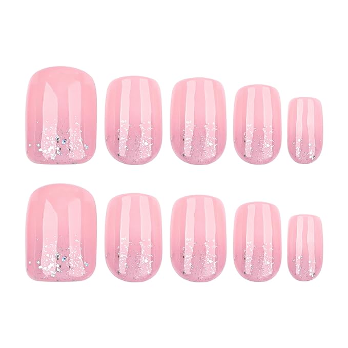 Pink Flash Press On Nails Short Square, Glitter Ombre Design False Nails Short, Reusable Thick Acrylic Gel Stick On Fake Nails with Glue For Women, Salon Quality Nail Kit, Gift for Woman